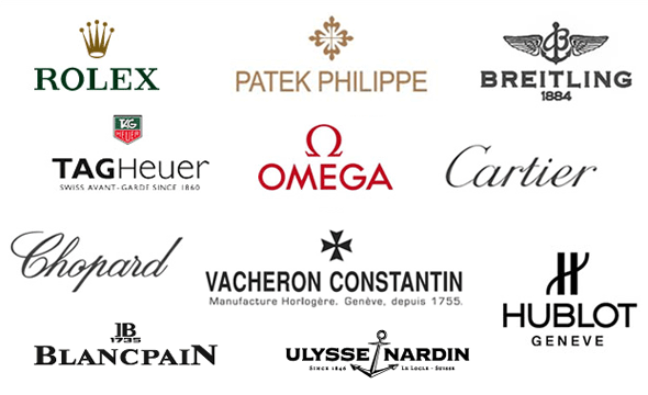 Brand wall: Rolex, Patek, AP, RM, Cartier, IWC, Omega, Tudor, VC